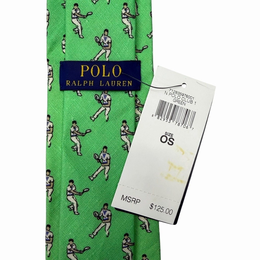 Polo Ralph Lauren NEW Tie Polo Tennis Club Green Linen Hand Made in Italy 3" 58"
